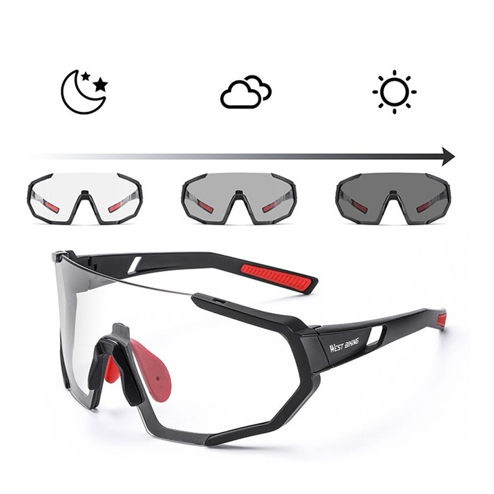 West Biking - Selbsttönende UV Sportbrille Fahrrad Sonnenbrille inkl. Etui - Schwarz