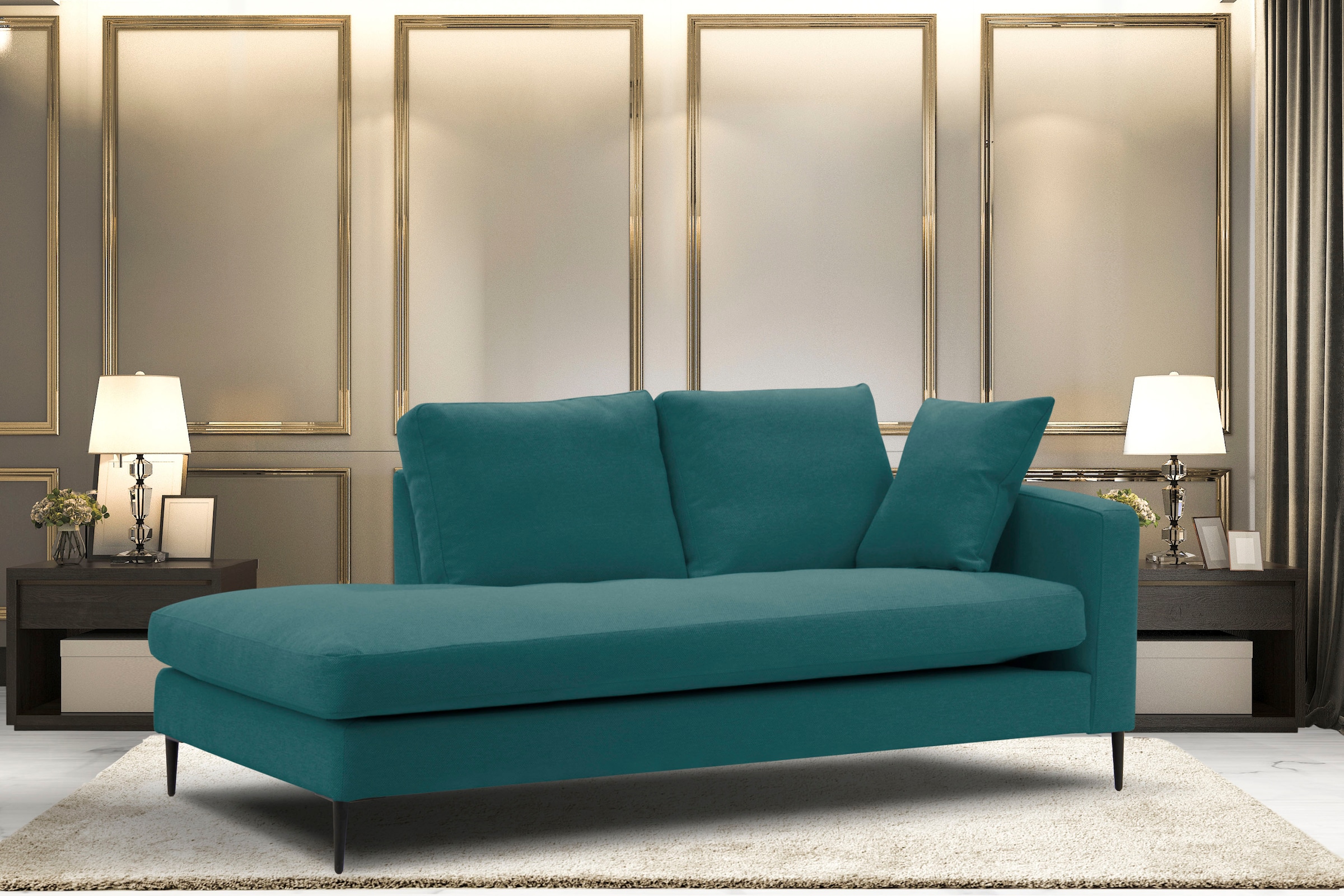 Home affaire Recamiere »Cozy Chaiselongue, Masse B/T/H: 195/97/80 cm« mit losen Kissen und Metallbeinen, Armlehne links oder rechts wählbar