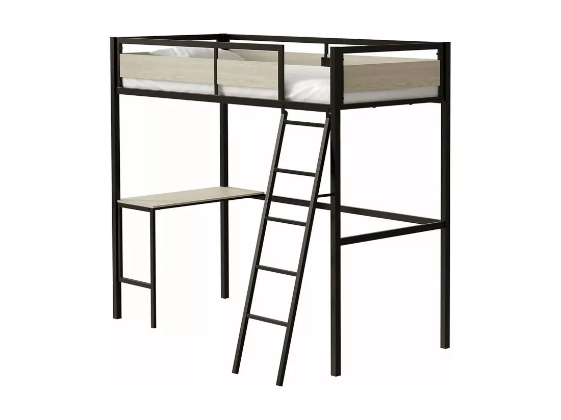 Lit mezzanine avec sommier et bureau en métal finition epoxy noire et mélamine imitation chêne - couchage 90 x 190 cm - DINO