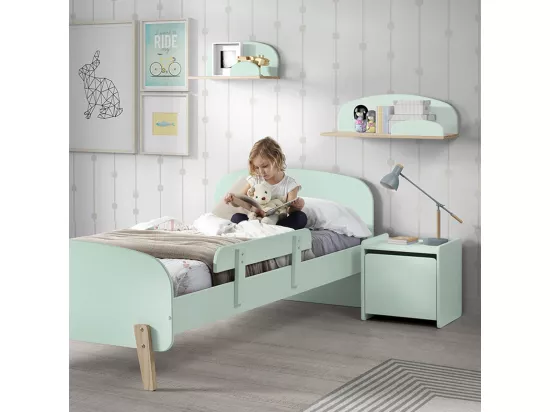 BODHI MINT - Lit 90x200cm avec Barrière + Chevet + Coffre + Etagères