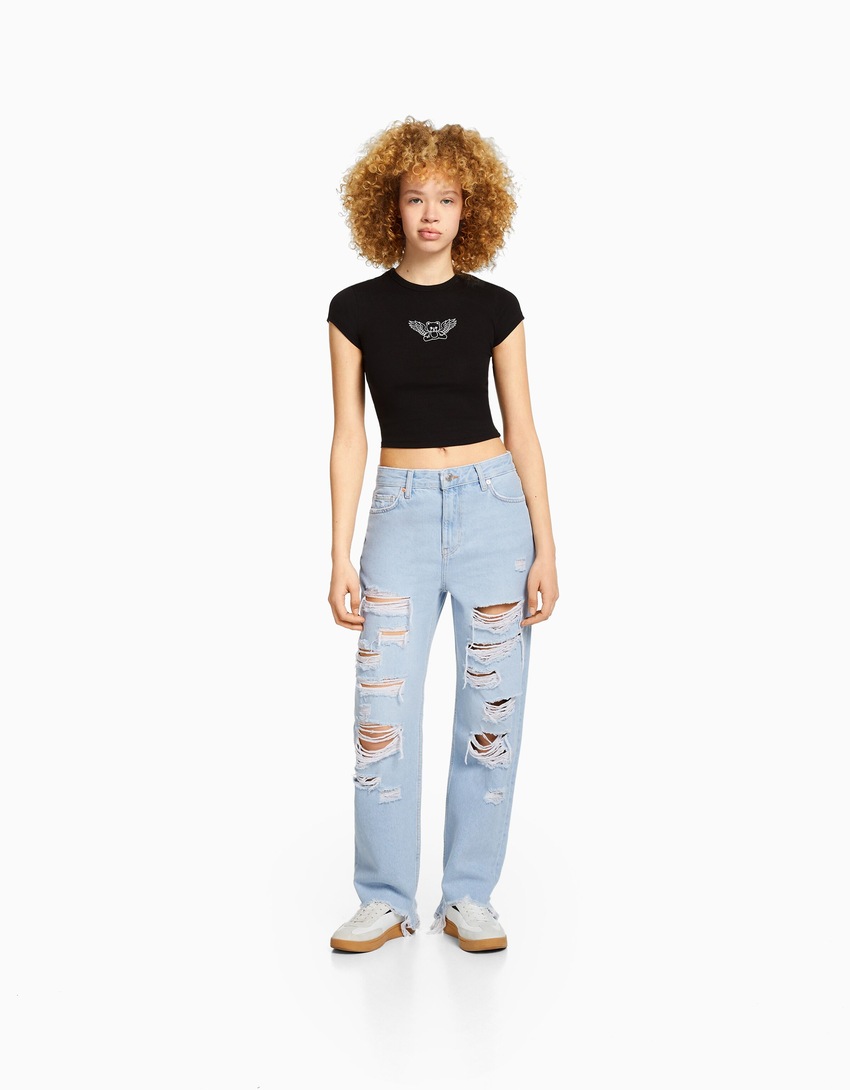 Calça jeans cropped reta rasgada