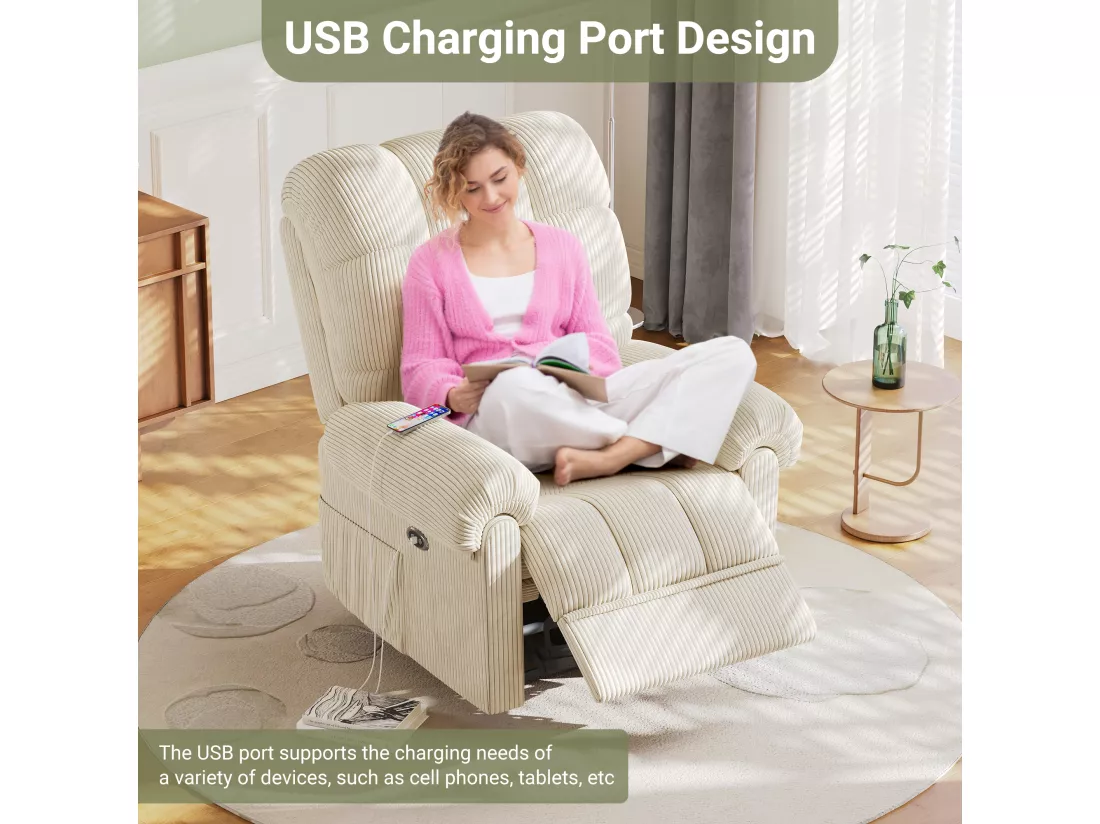 Fauteuil Relax Fauteuil électrique en Velours Côtelé,Fauteuil à loisirs Réglable avec USB,Dossier Réglable,Anti-statique avec Repose Pieds - 96x97x104cm Beige