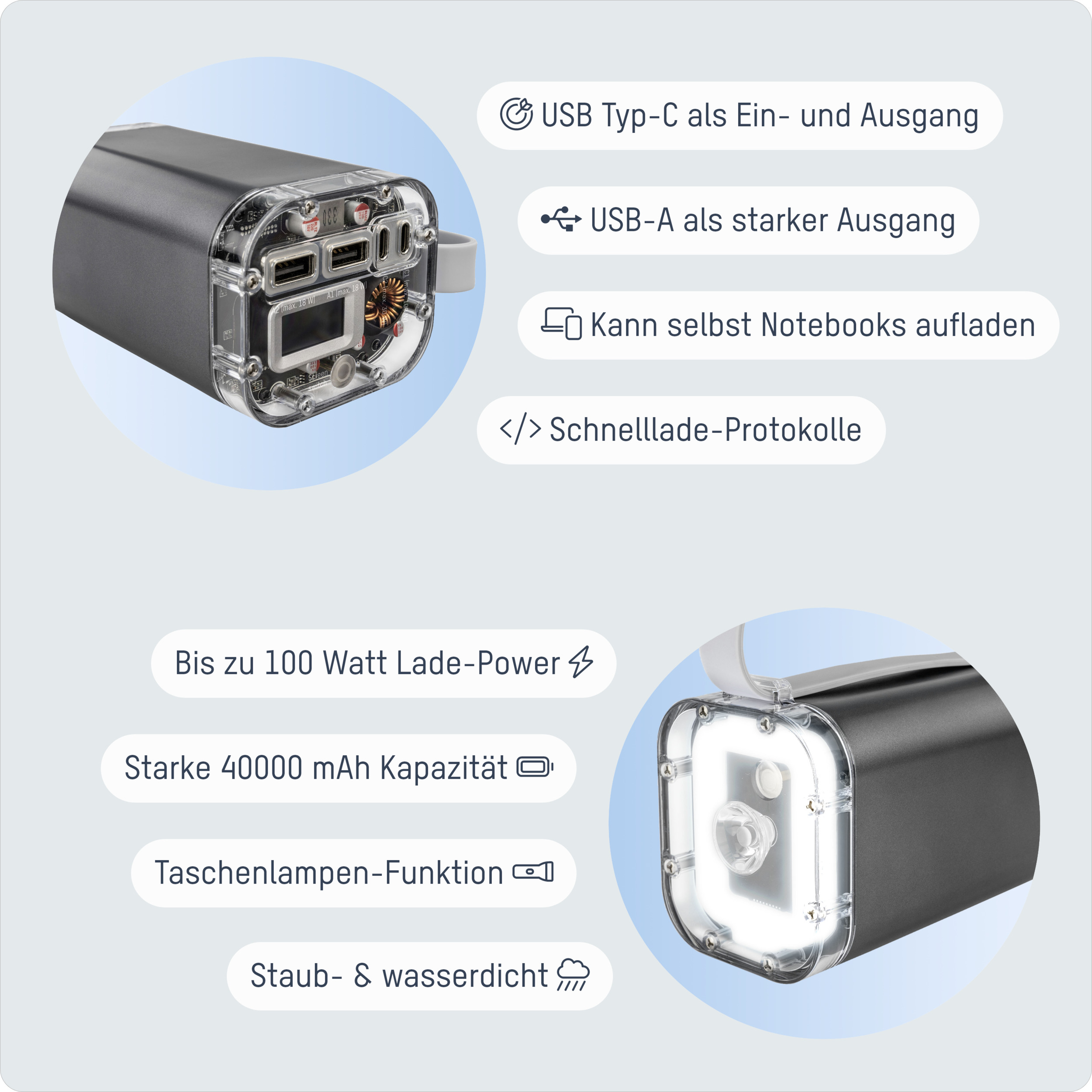 (10W) 40000mAh Dual USB A / Dual USB C Powerbank Power Delivery Ladegerät Wasserdicht IP67 (64.1700-0178) - Grau