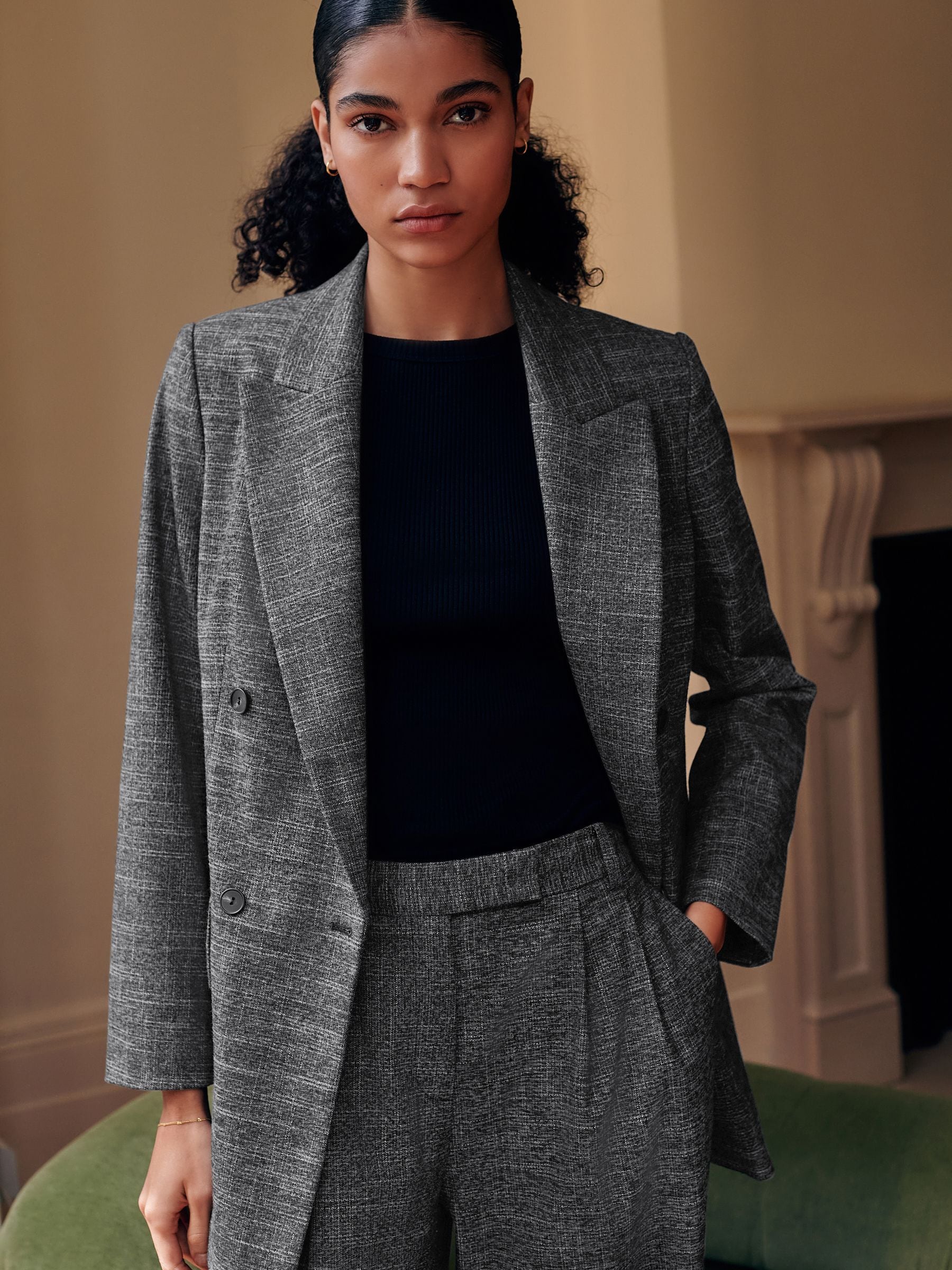 Grijs - Crosshatch Double Breasted Longline Blazer