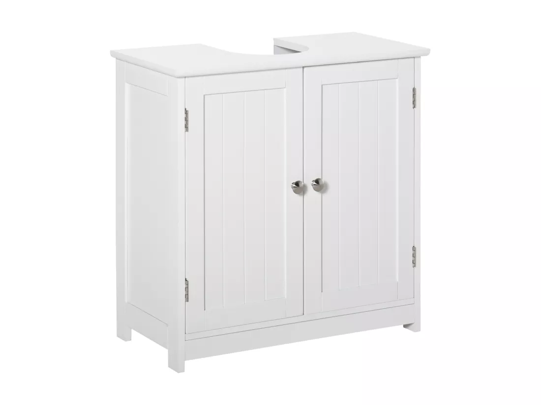 Meuble vasque - meuble sous-vasque - 2 portes rainurées avec étagère réglable - poignées métal chromé - dim. 60L x 30l x 60H cm - MDF blanc