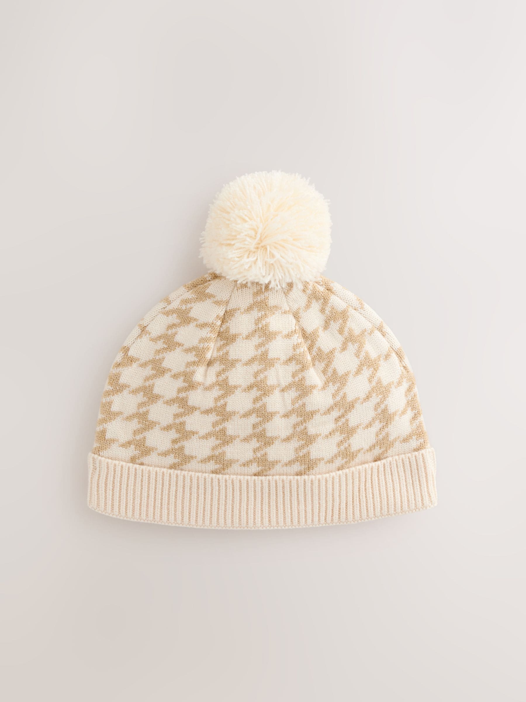 Naturel Houndstooth Gebreide Pompon - Baby Beanie Hat