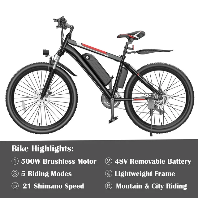 Bicicleta elétrica Gocio 500W, aro 26, para adultos, com sistema de controle de cruzeiro, bicicleta elétrica de montanha com bateria removível de íon-lítio de 375Wh, autonomia de 80 km, 21 velocidades, bicicleta urbana para homens e mulheres.