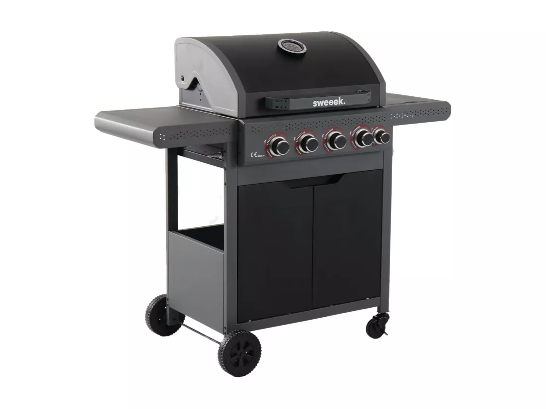 Barbecue au gaz Edmond noir. 4 brûleurs + 1 feu latéral. avec thermomètre. L 122x P62 x H143 cm