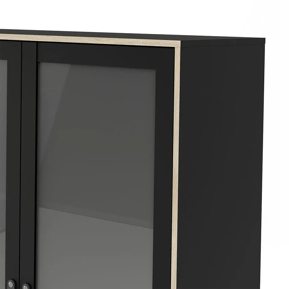 Hioshop Sady vitrinekast 2 glazen deuren- 3 lades mat zwart- eiken decor