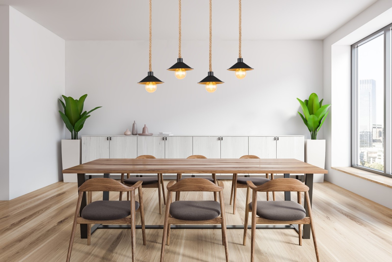 Pendelleuchte - schwarz matt - goldfarben - Hanfseil - 170 cm - 4-flammig