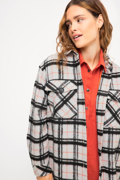 Long-Hemdjacke, oversized, Karo, Langarm, farbiges Futter