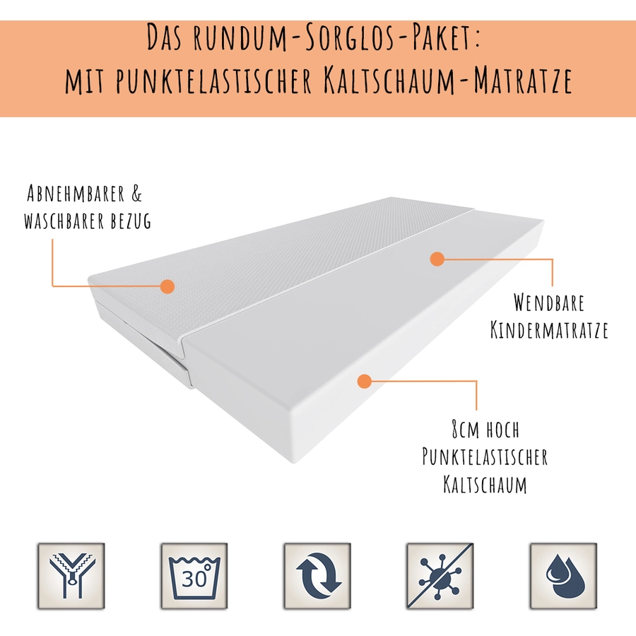 Kids Collective Kinderbett 80x160 | 80x180 cm mit Rausfallschutz & Lattenrost grau mit Matratze
