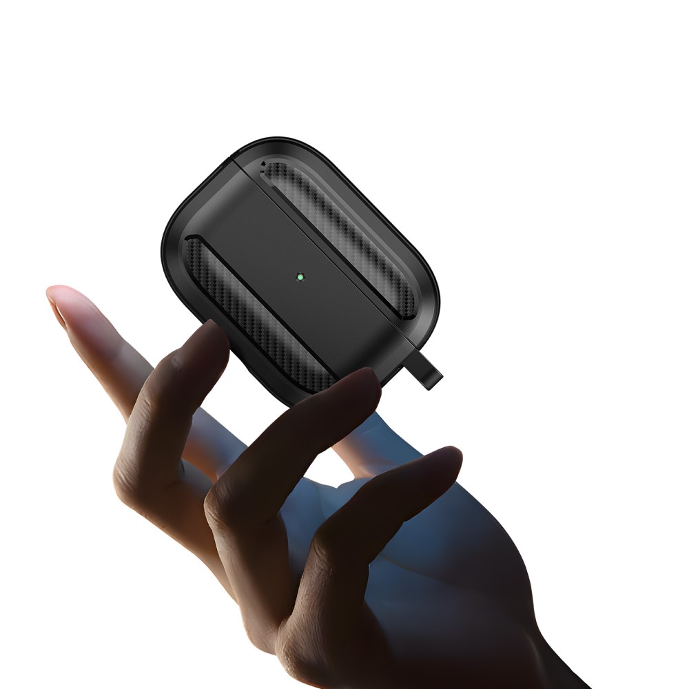 AirPods Pro Gummi Schutzhülle Abdeckung mit Karabinerhaken Carbon Look - Grau