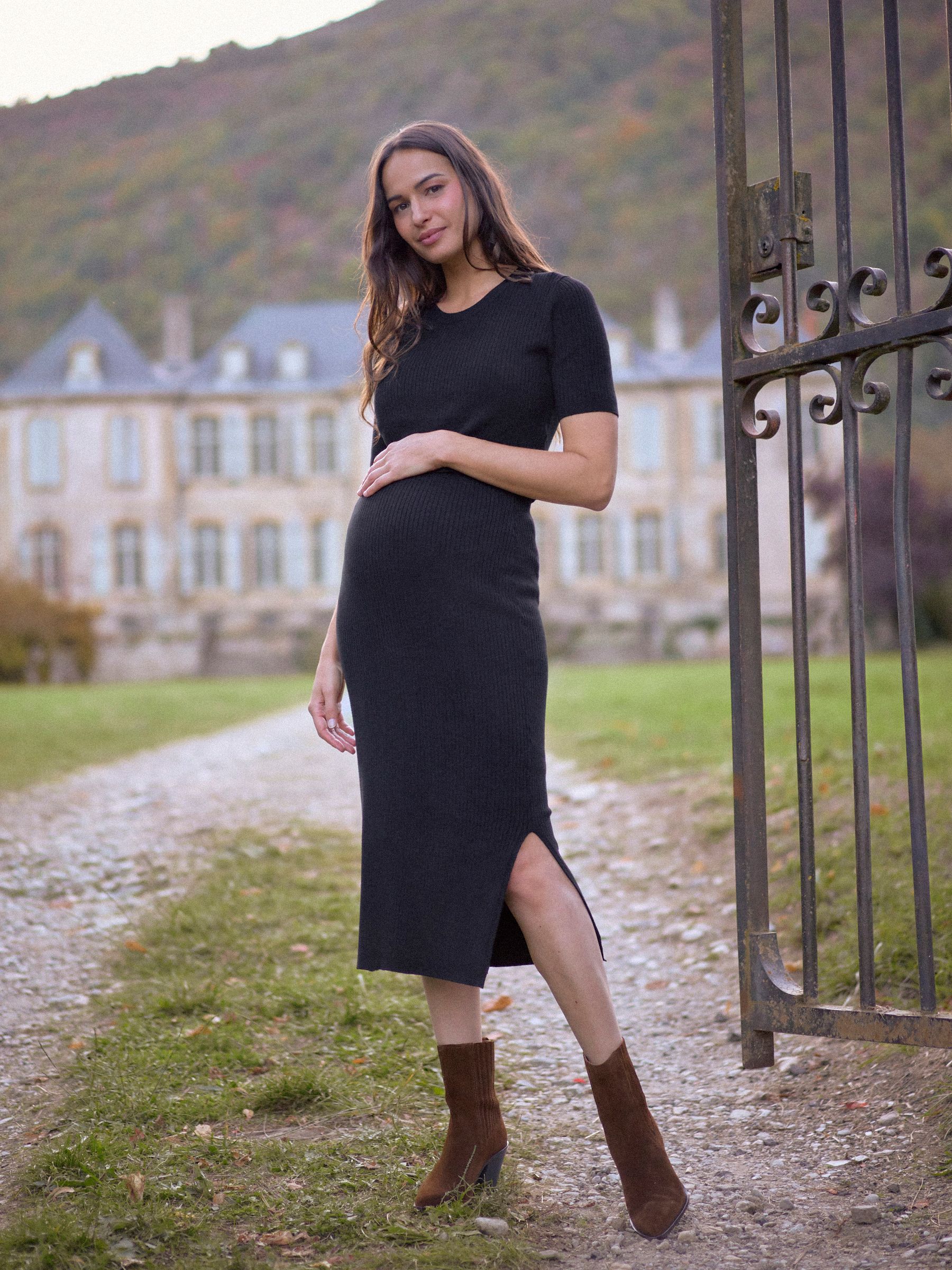 Zwart - Seraphine Ribbed Maternity And Nursing Midi Dress