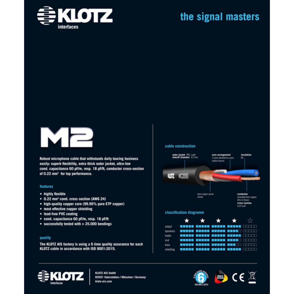 Klotz M2FM1-0200 M2 touring-grade microfoonkabel met Neutrik XLR 2m