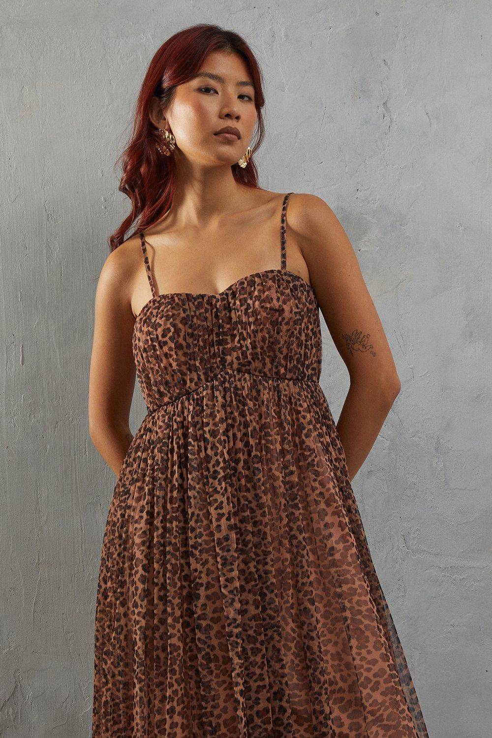 Warehouse Robe Maxi Bustier à Bretelles en Tulle Imprimé Animal