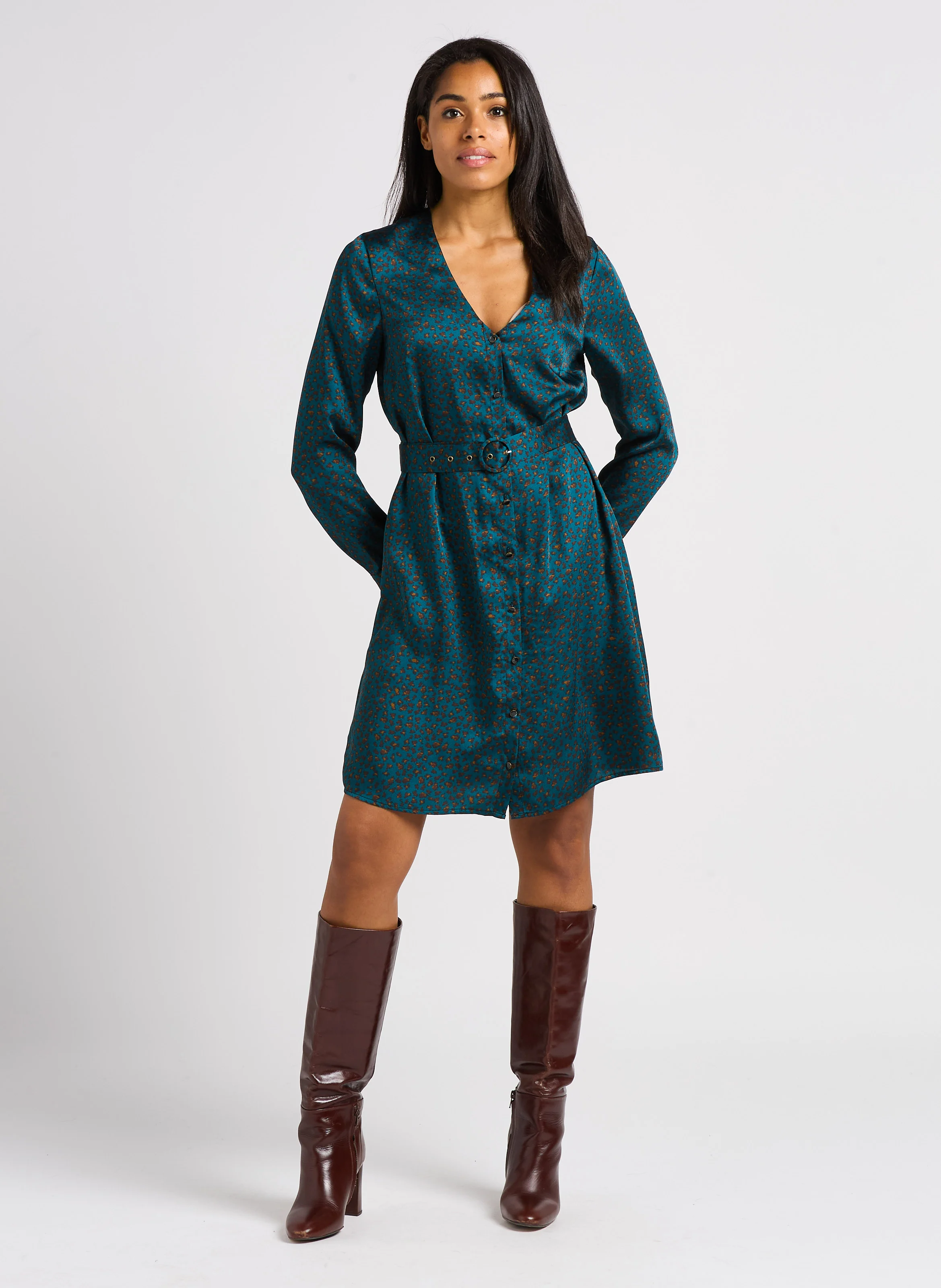 RYANNE - Robe courte droite à col V | Vert