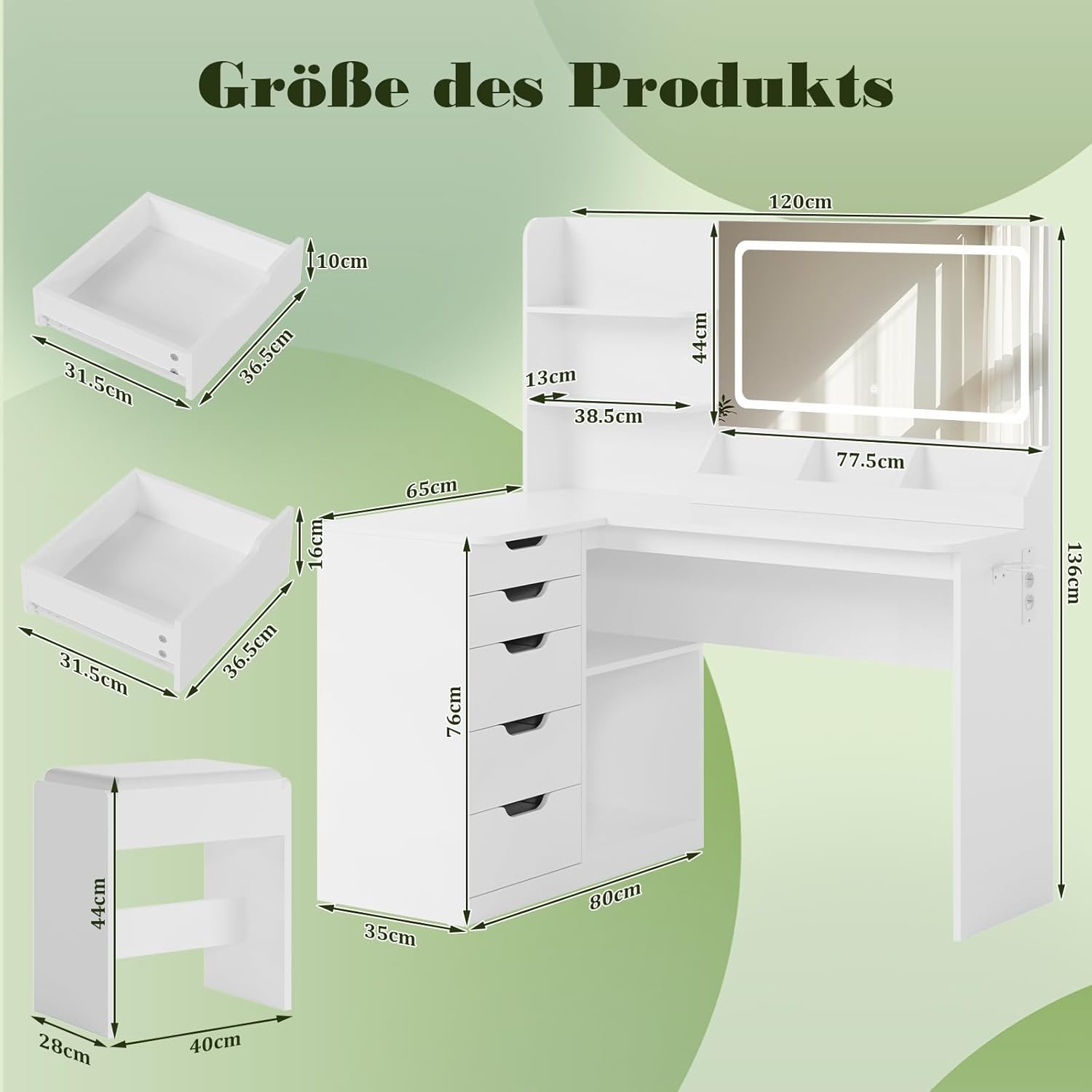 Devoko Große Schminktisch mit LED Beleuchtung und Hocker, Eck Frisiertisch mit Steckdose, 5 Schubladen, Offenen Ablagen, Haartrocknerhalter, für das Schlafzimmer (Weiß)
