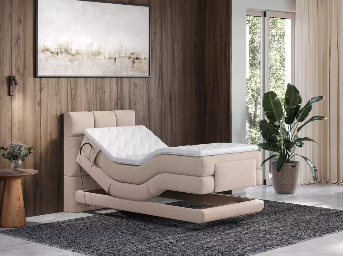 Ensemble complet boxspring tête de lit capitonnée + sommiers relaxation électrique + matelas + surmatelas - 100 x 200 cm - Tissu - Beige - LODI de PALACIO