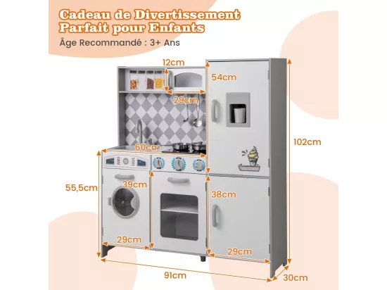 Cuisine Enfant en Bois avec Effets Sonores et Lumières, avec Machine à Laver et Micro-Ondes, Machine à Glaçons, Jouet de Simulation pour Enfant de 3 Ans+