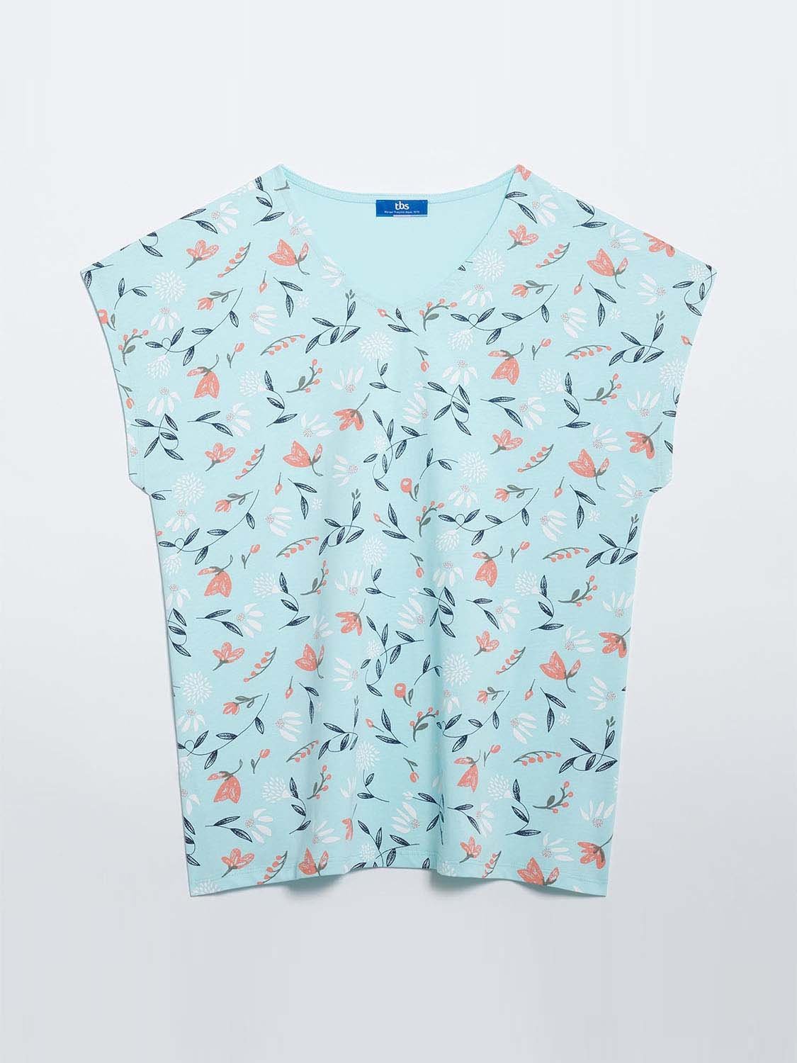 Tee Shirt Femme Motif Floral Bleu Clair