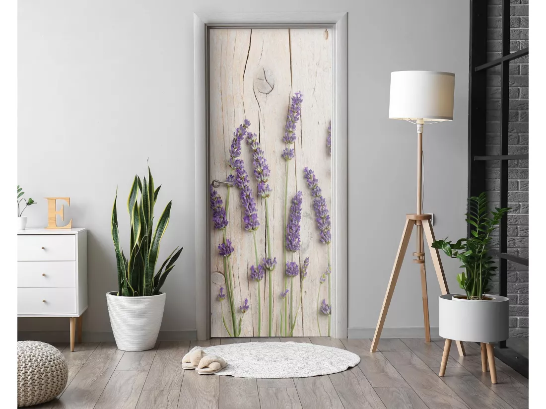 Papier peint photo pour portes intérieures - Lavande sur bois 95x205 cm