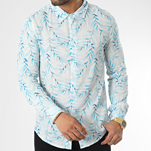 Chemise Manches Longues Floral Blanc Bleu Ciel