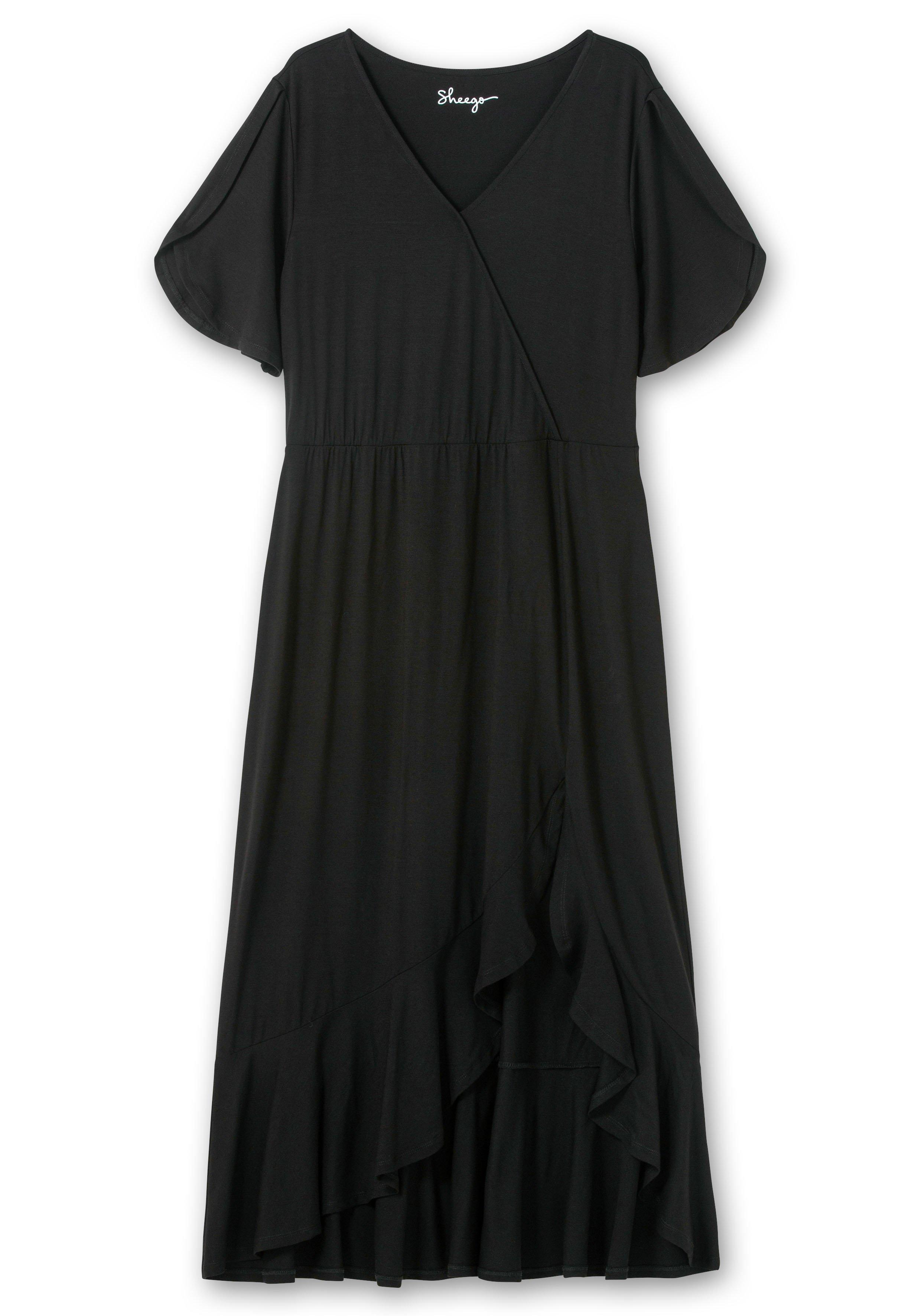 Langes Jerseykleid in Wickeloptik, mit Volantrock