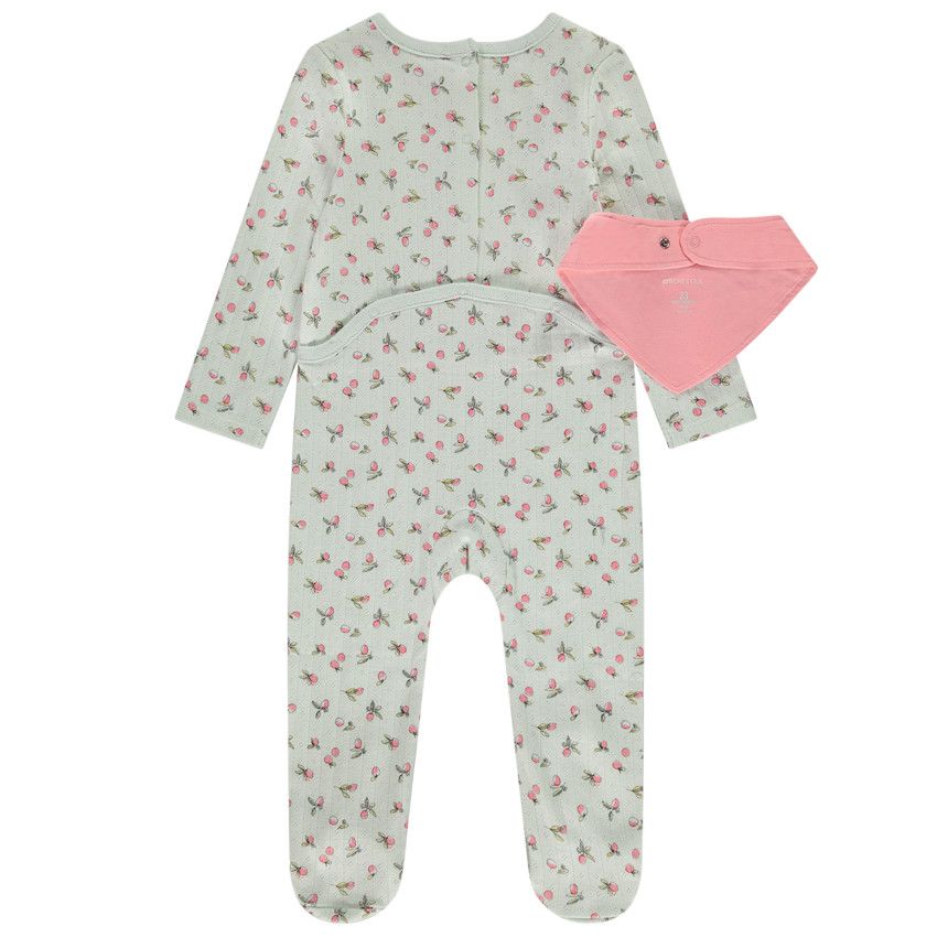 Ensemble dors-bien imprimé + bavoir bandana pour bébé fille avec ouvertures différentes selon l'âge - Vert