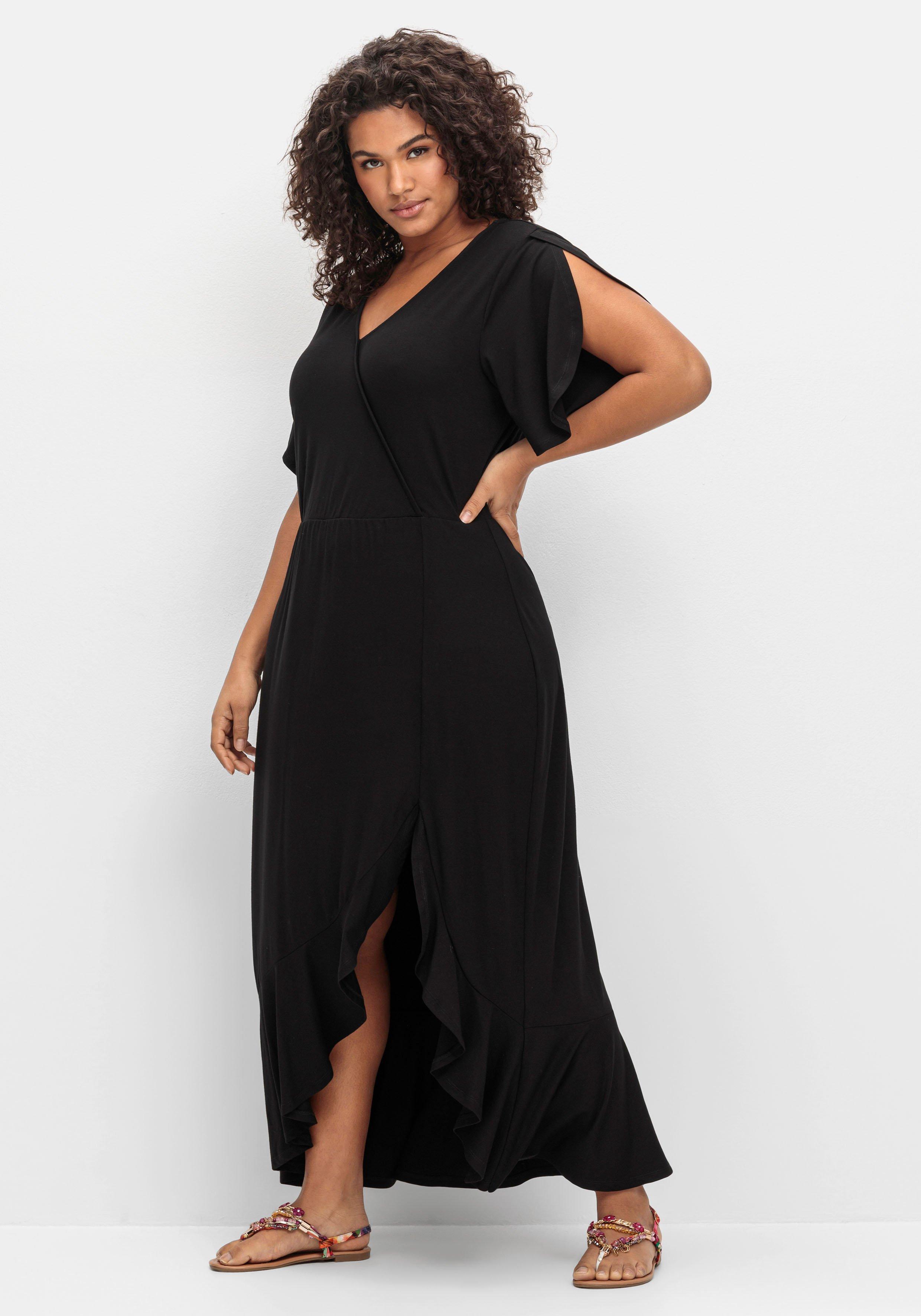 Langes Jerseykleid in Wickeloptik, mit Volantrock