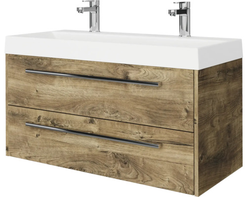 Badkamermeubelset Pelipal Milano (B x H x D): 100 x 56,9 x 45 cm, frontkleur: Ribbeck eiken, met wastafel in wit mineraalglas (SET-138-033)