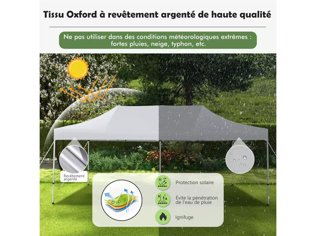 Tonnelle de Jardin Instantanée Portable 3Mx6M, Auvent Pliable Camping Imperméable Anti-UV SFP +50 avec Roues et Sac Disponibles, pour 16-20 Personnes