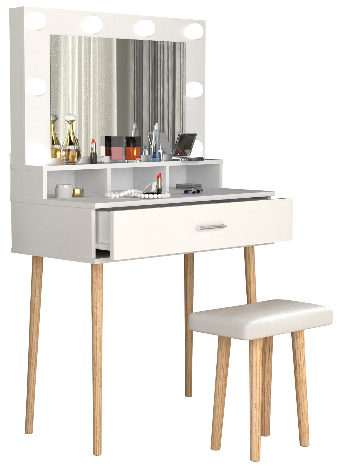 2-teiliges Schminktisch-Set LINDAS - weiß - mit Beleuchtung