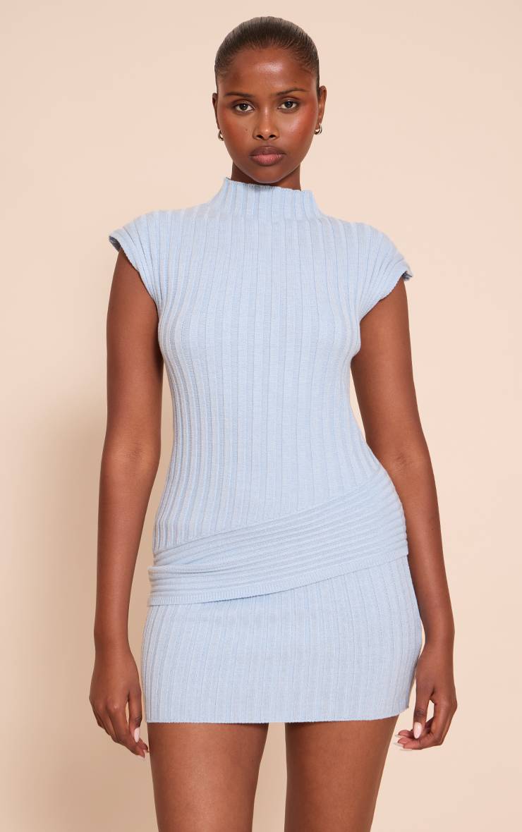 Bleu Jupe Mini En Maille Côtelée