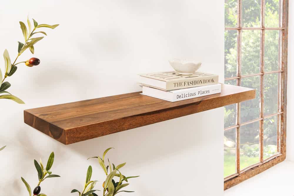 Massives Wandregal PURE 60cm braun stone finish Sheeshamholz Steckregal