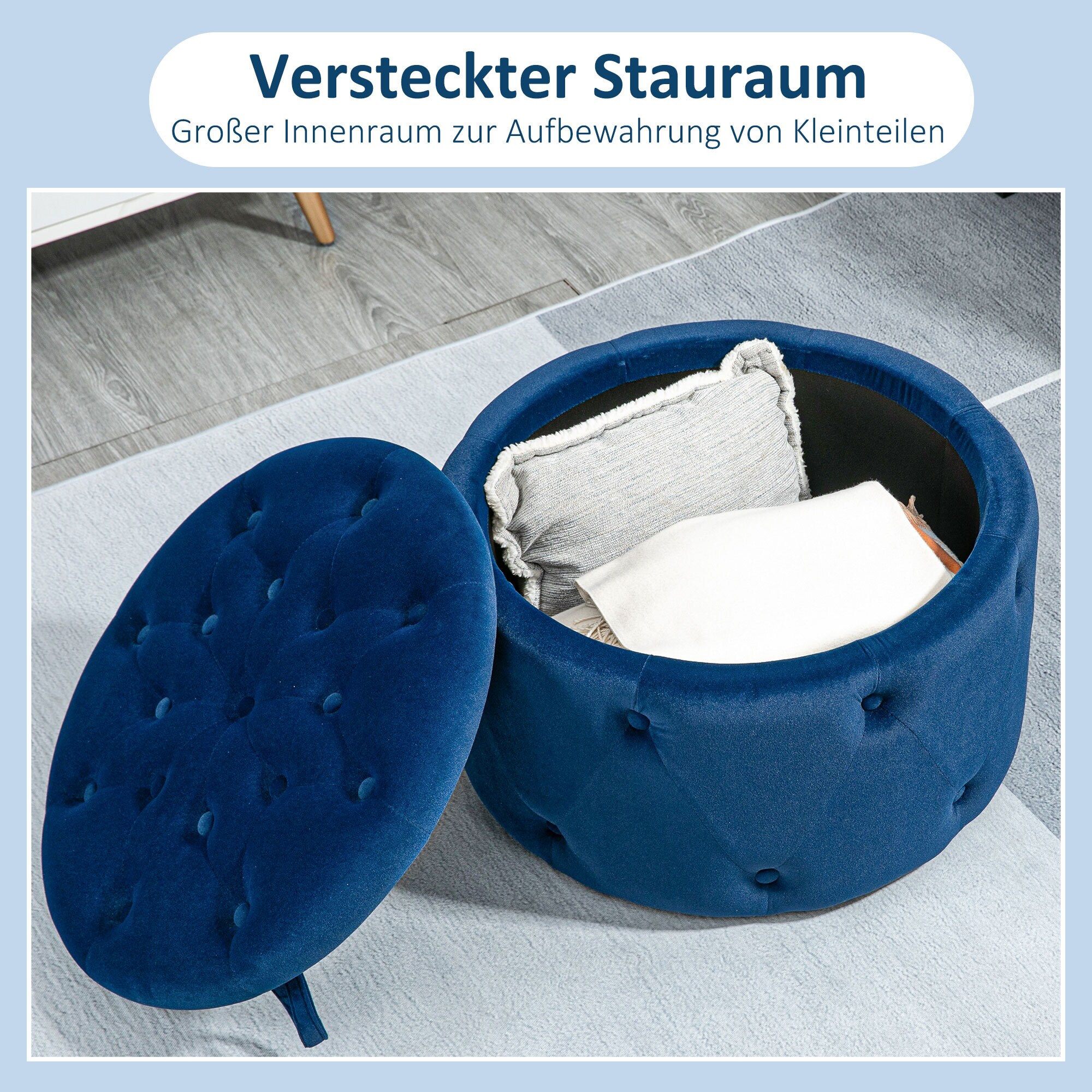 HOMCOM Ottomane mit Stauraum blau Ø60 x 40H cm