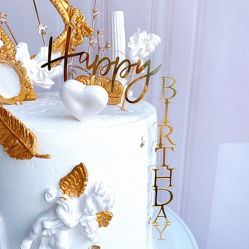 (13x18cm) Kuchenstecker Happy Birthday Vertikaler Tortenstecker Topper Dekoration für Torten / Kuchen - Gold