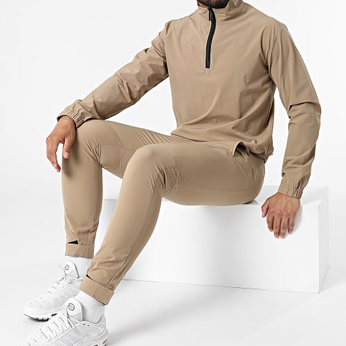 Ensemble De Survetement Veste Col Zippé Pantalon Jogging Marron Clair