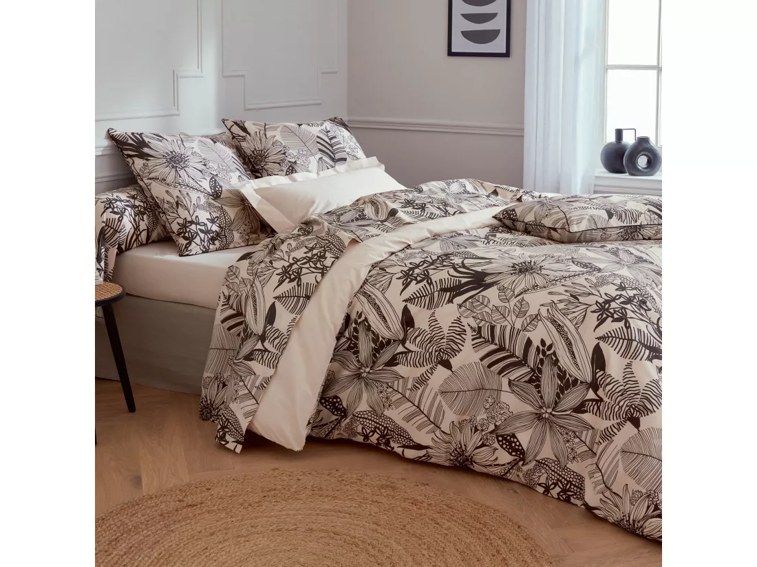 Drap plat 240x310 cm percale de coton ALBA beige/noir