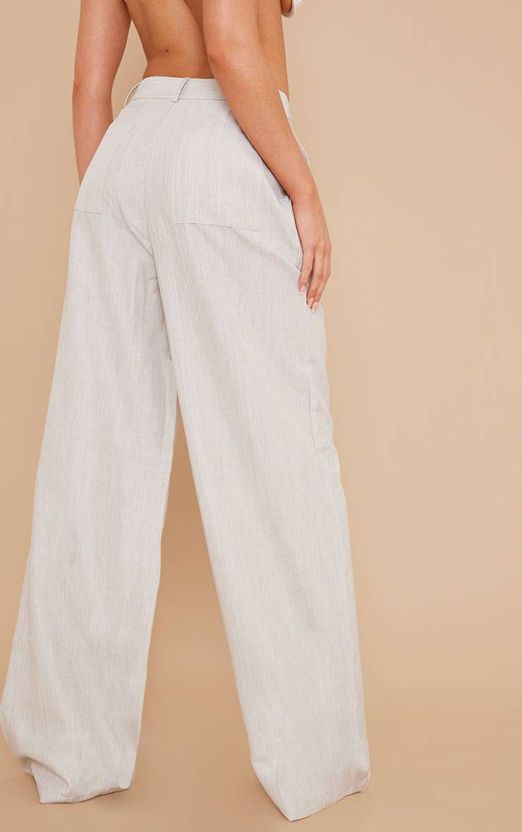 Gris Pierre Pantalon Large Taille Haute Ajusté Effet Lin Tissé