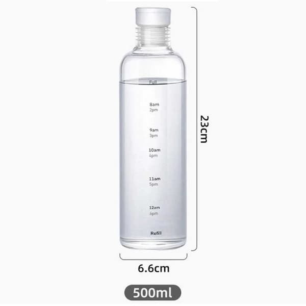 Glass vannflaske med tidsmarkør 500 ml gjennomsiktig