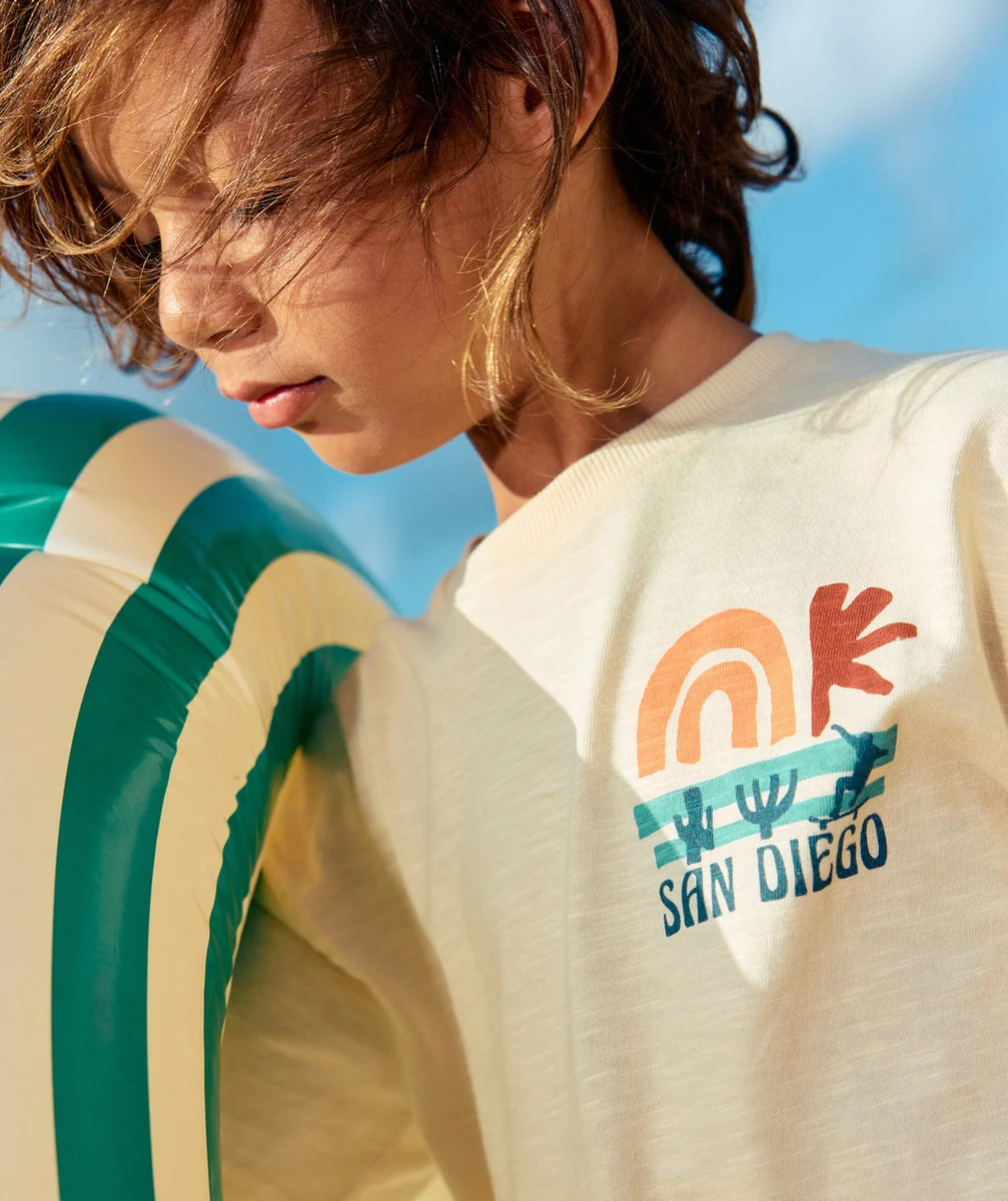 t-shirt garçon en coton bio jaune avec messages et motifs thème californie