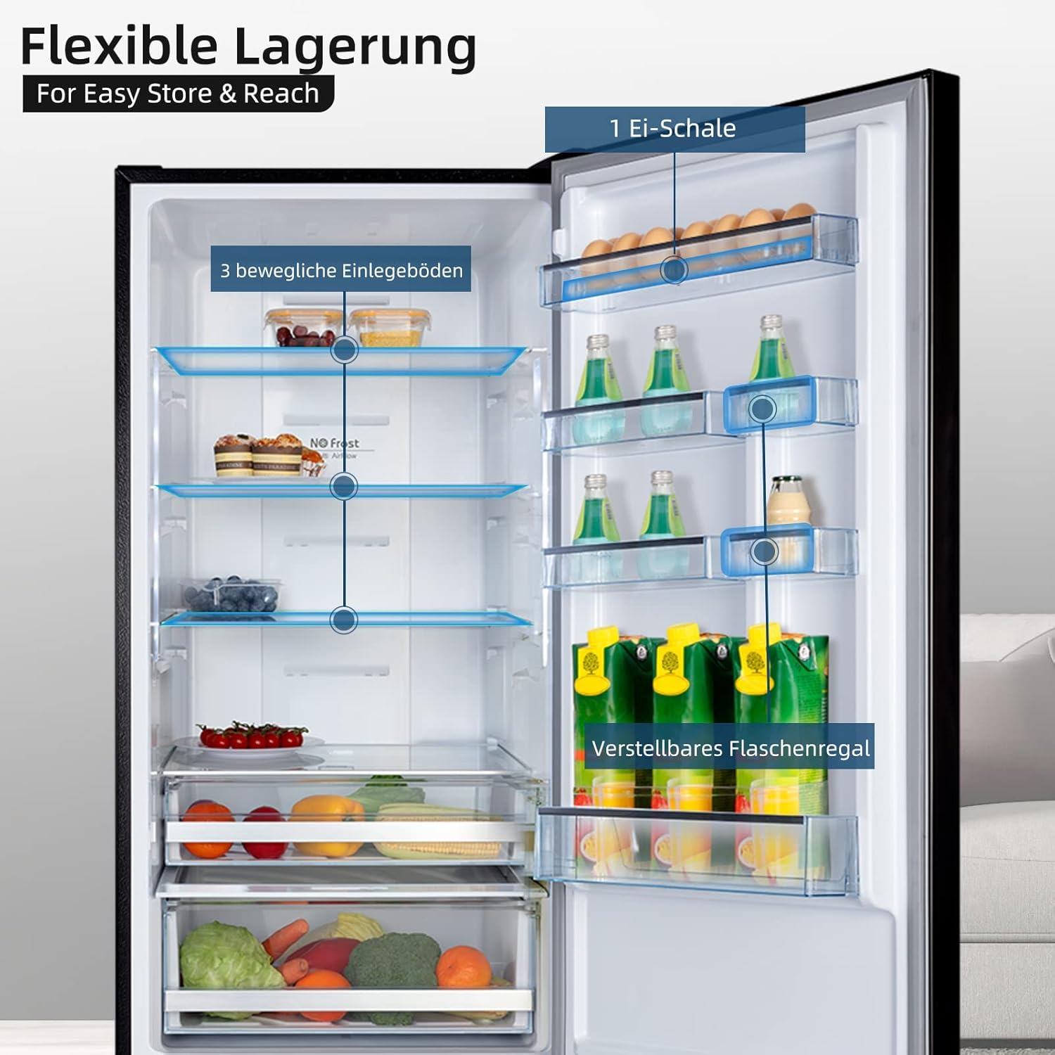 CHIQ Kühlschrank mit Gefrierfach | Total No Frost | 356 L | 200 cm Höhe | 63,5 cm Tiefe | 196kWh/Jahr | Fast Cooling | Vacation Mode | Twin Control | Leise 35dB | LED-Touch-Display | FBM351NEI42