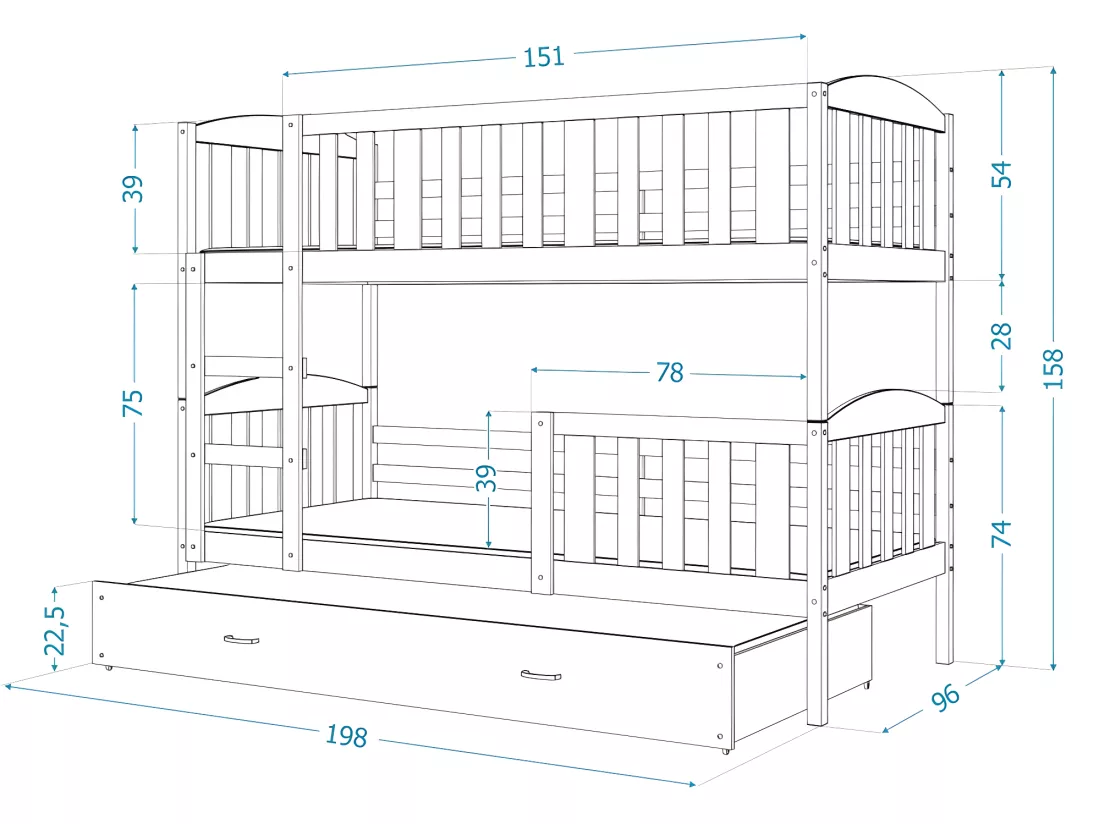 Lit Superposé Cleo 90x190 (Sans Matelas) Blanc - blanc Livré avec le sommiers et tiroir.