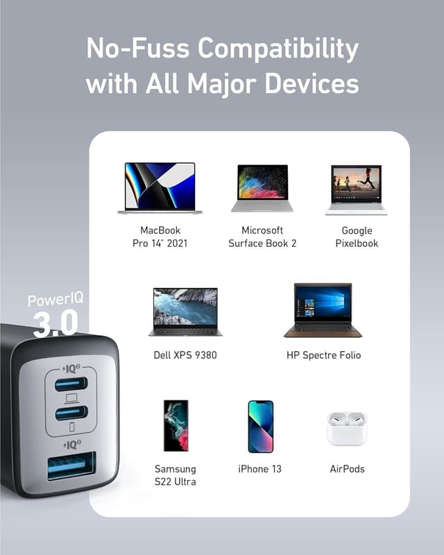 Anker 735 Oplader GaNPrime 65W 1x USB-A 2x USB-C strømadapter