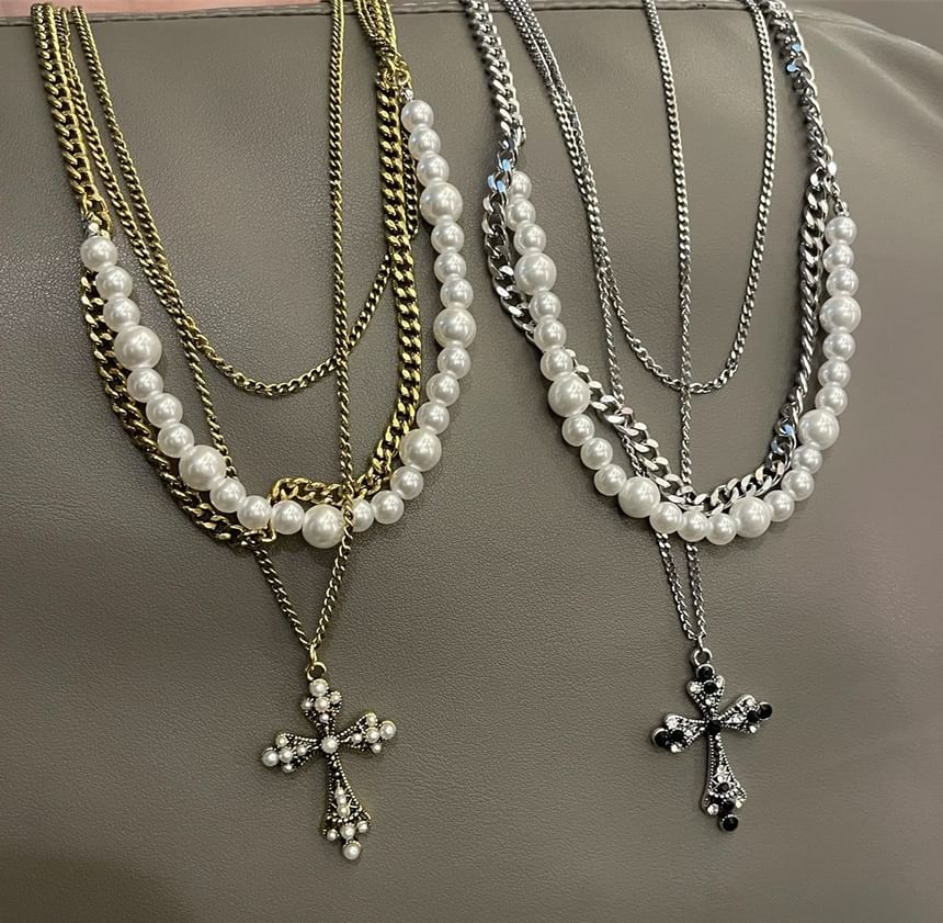 Lilafey - Kruis strass hanger imitatie parel gelaagde ketting