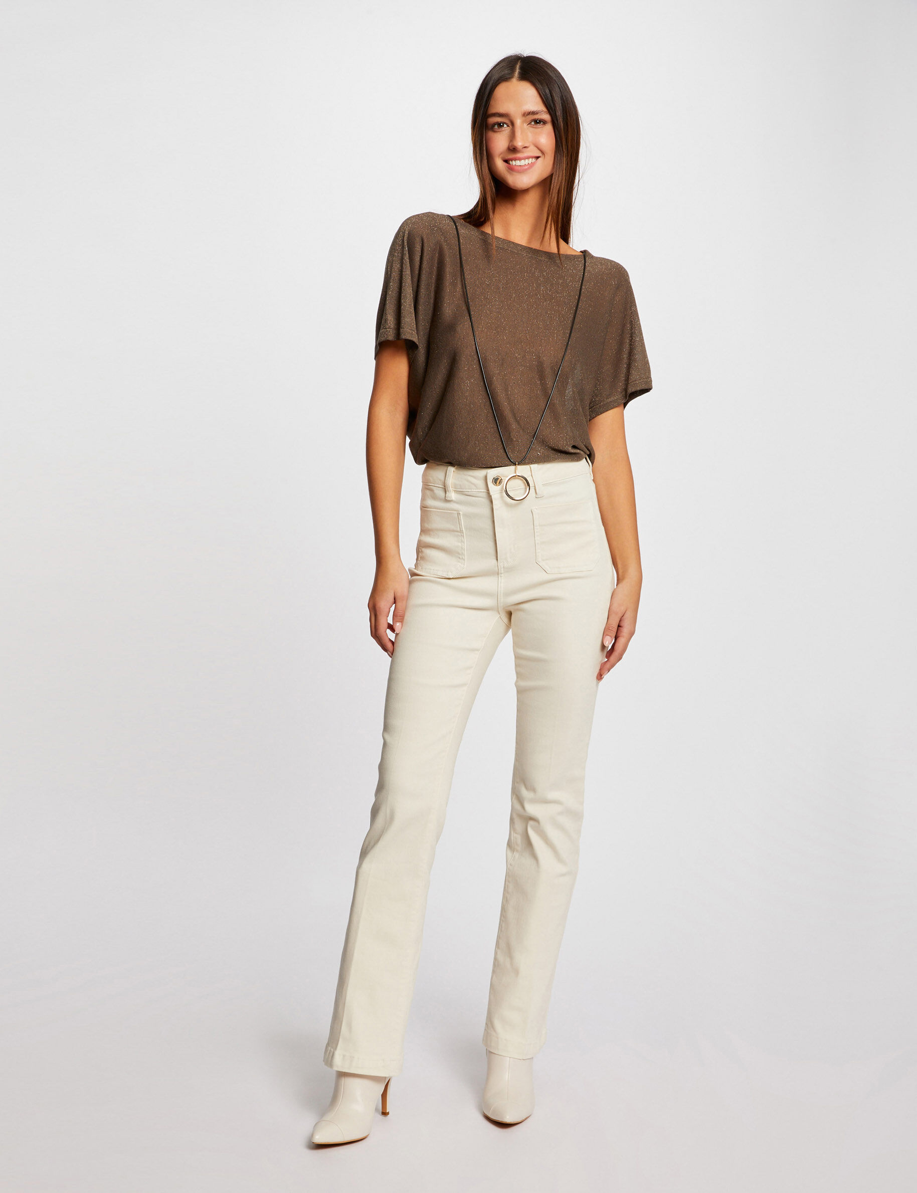 Pull manches courtes à détail bijou vert kaki femme - vert_kaki