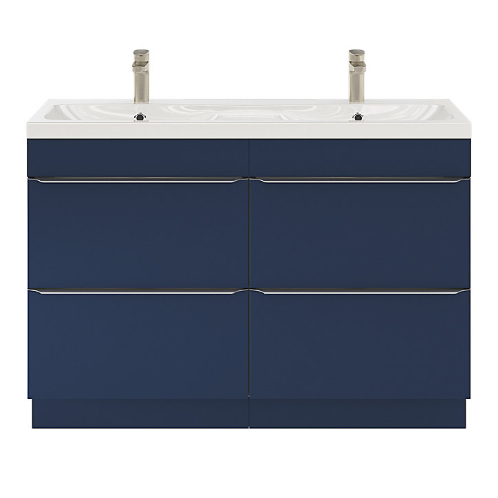 Ensemble salle de bains l.120 cm meuble à poser Imandra bleu nuit mat + plan double vasque résine blanc