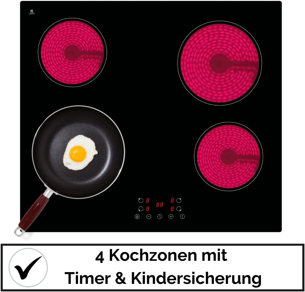 YUNA Glaskeramik-Kochfeld Calor EBK4 | Autark | 4 Zonen | 59 cm | Rahmenlos | Timer | Herdplatte | 4 Kochzonen | Kindersicherung | 9 Leistungsstufen