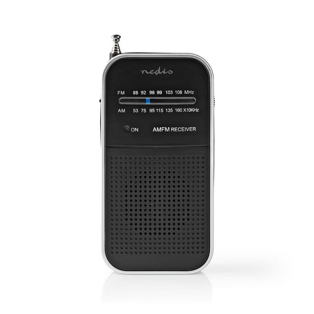 Nedis FM-radio | Bærbart design | AM / FM | Batteri | Analog | 1.5 W | Sort hvid skærm | Hovedtelefonudgang | IP20 | Aluminium / Sort